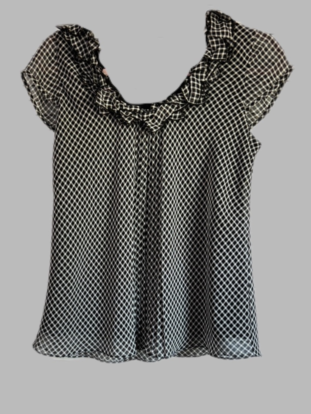 Anne Klein Black and White Checked Ruffle Neck Blouse